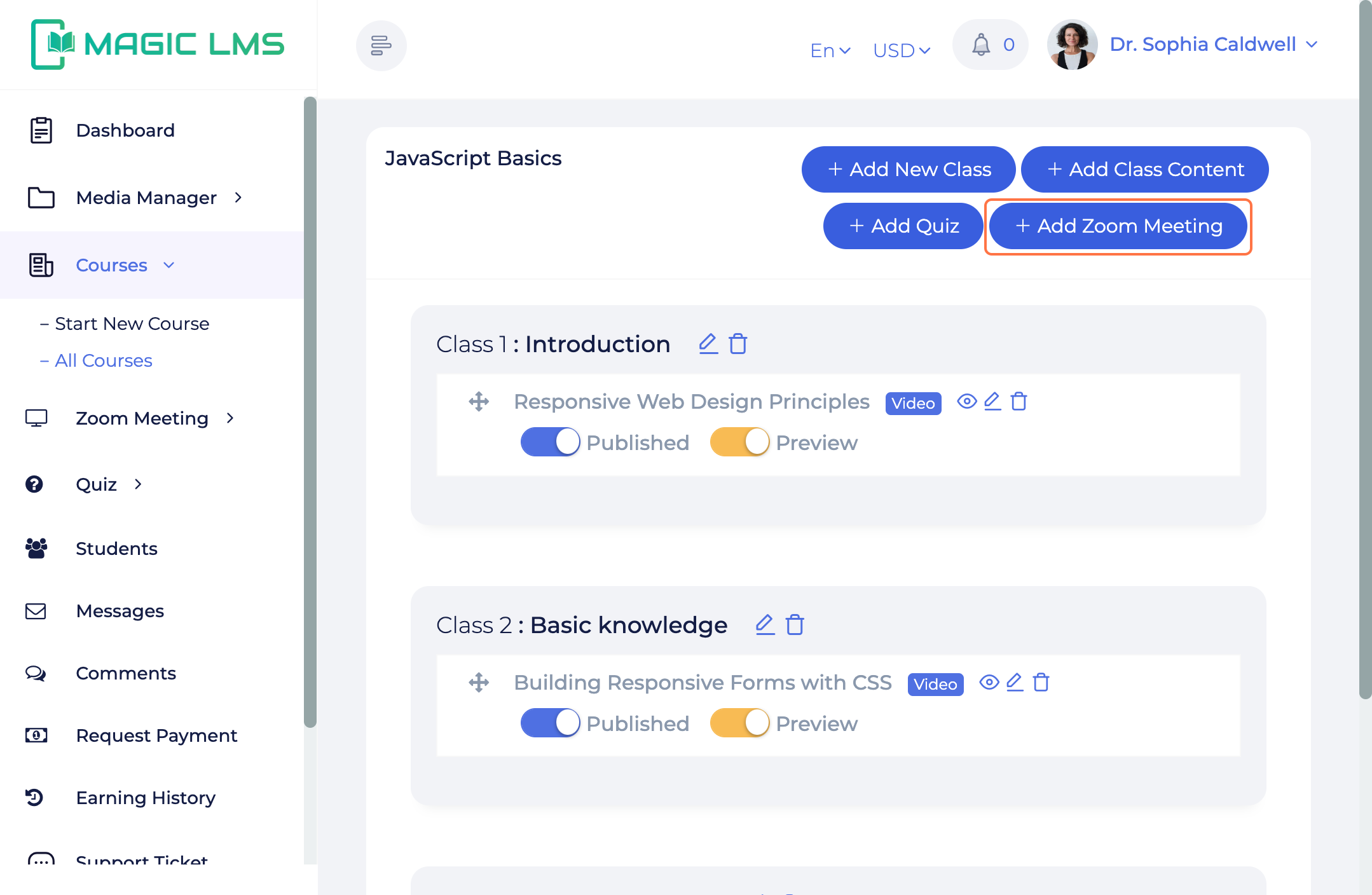 MagicLMS Courses Panel