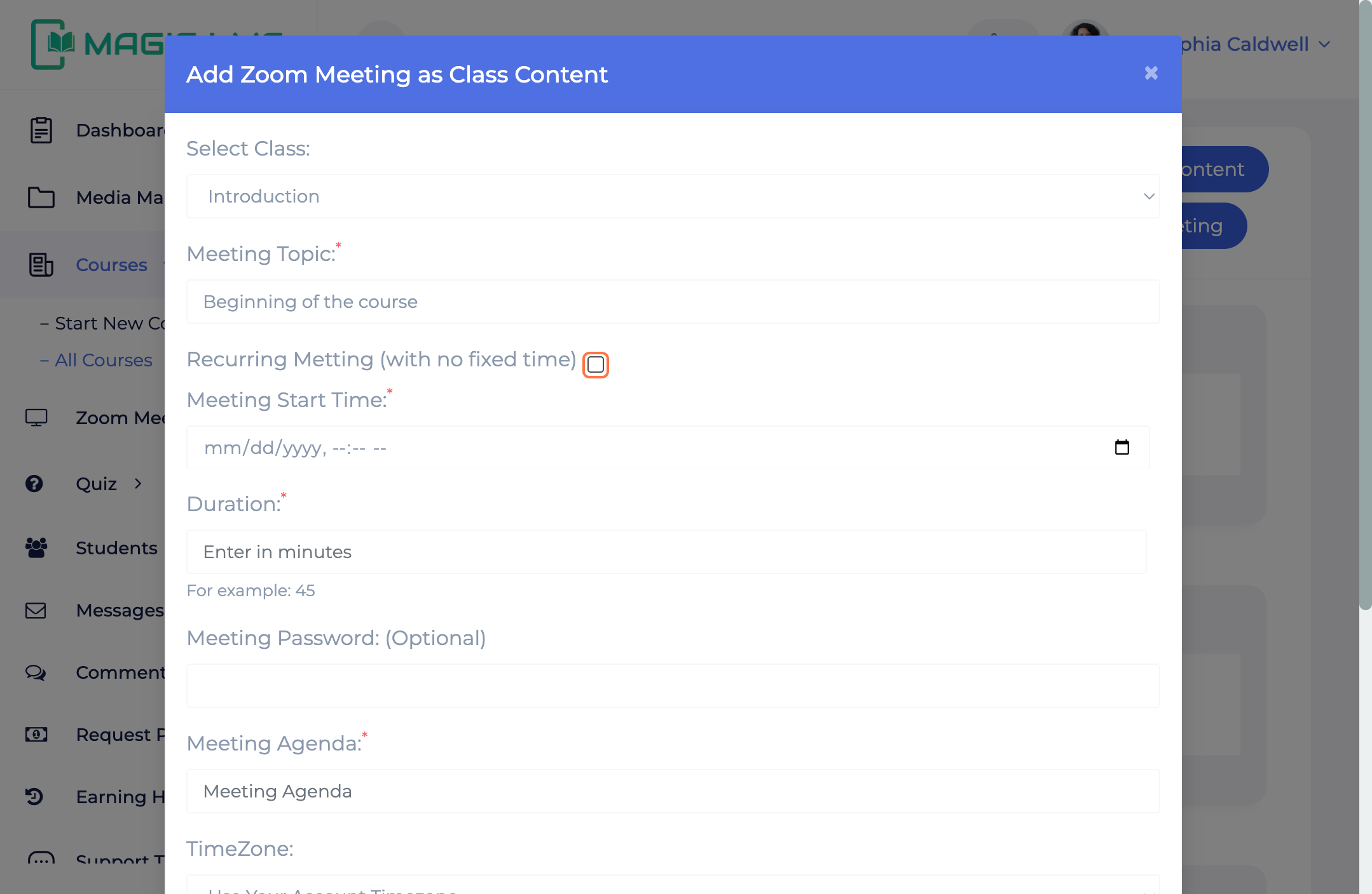 MagicLMS Courses Panel